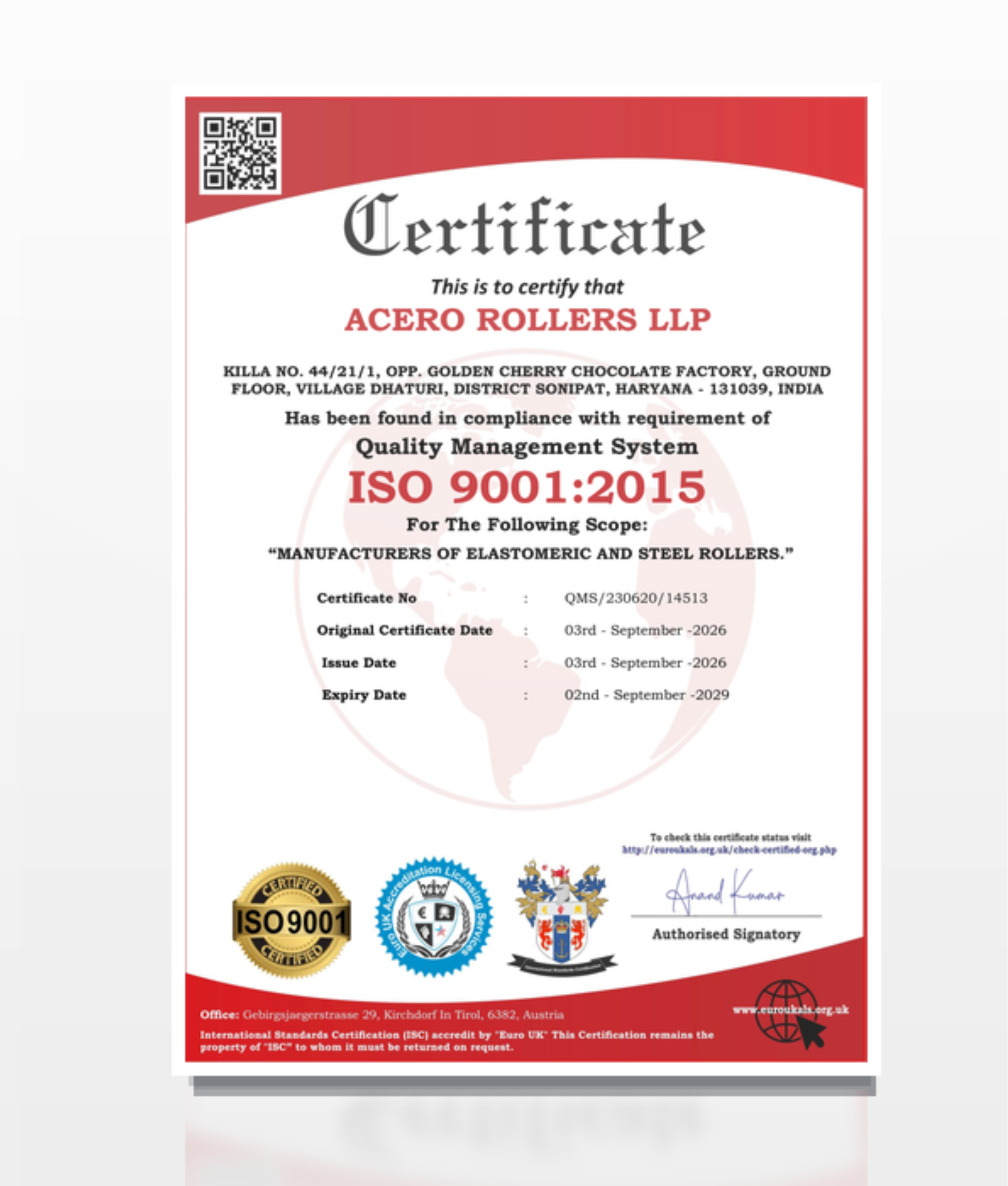 Acero Rollers ISO 9001:2015 Certificate
